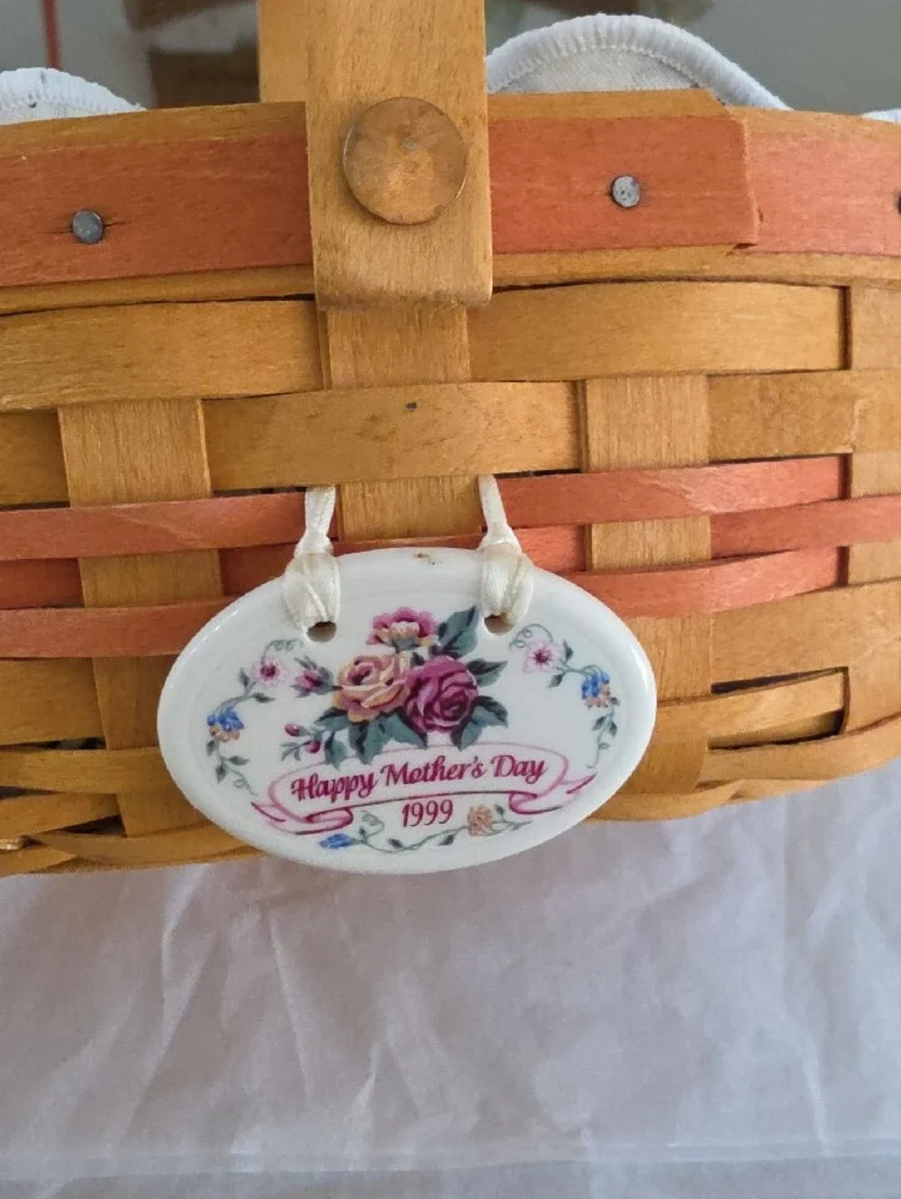 1999 Mothers Day Longaberger Floral-Lined Basket With Liner And Tie On